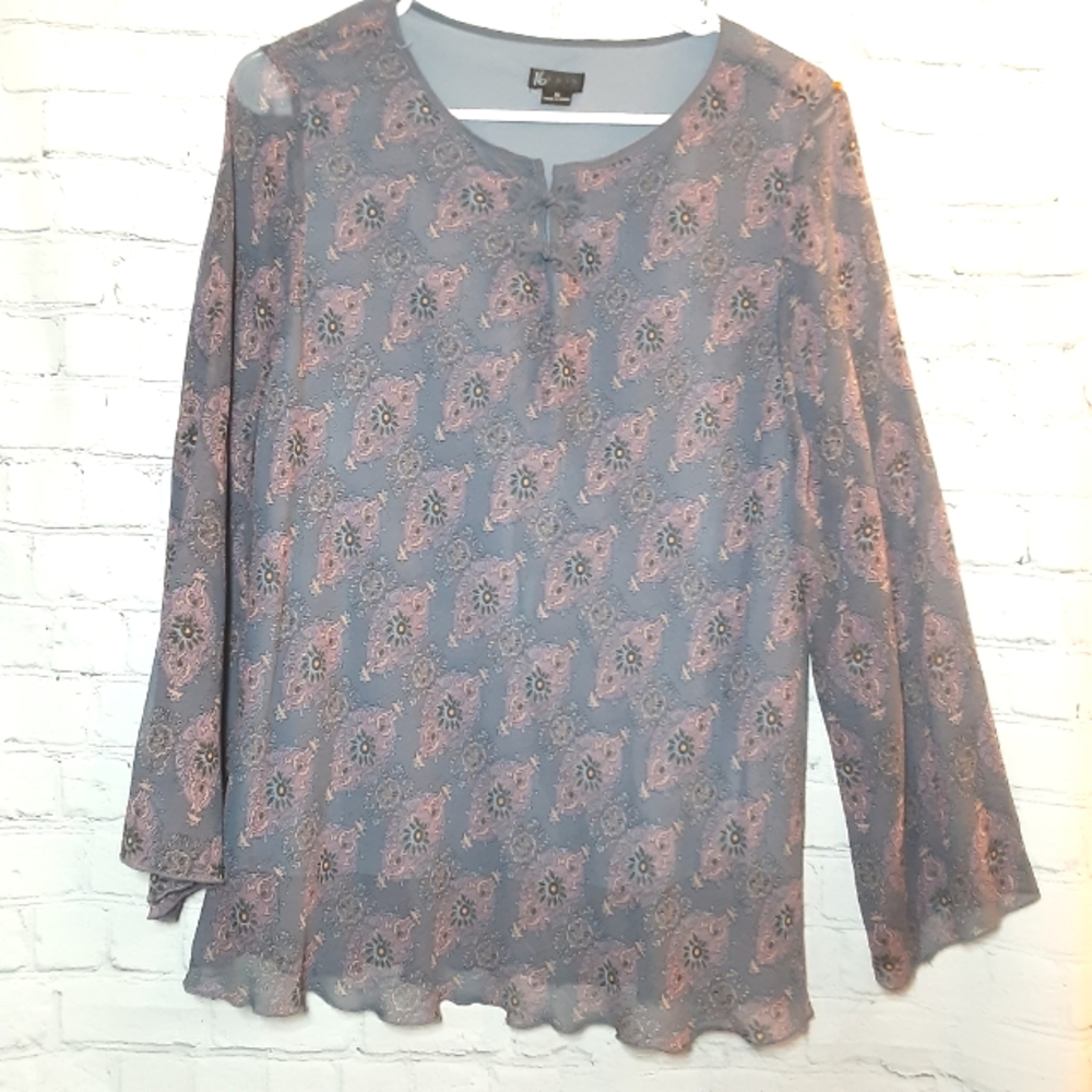 Lapis floral silk sheer blouse, 1X